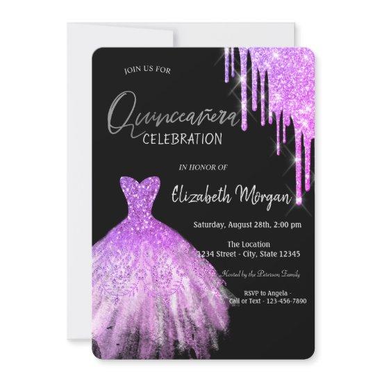 Purple Glitter Drips Dress Black Quinceañera