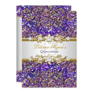 Purple Glitter & Gold Damask Quinceanera Invite