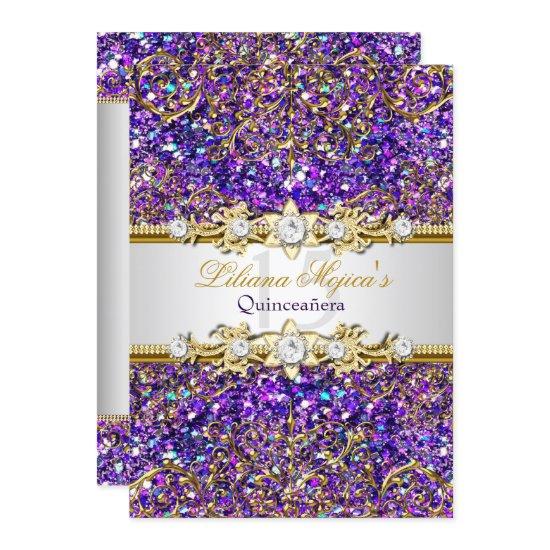 Purple Glitter & Gold Damask Quinceanera Invite
