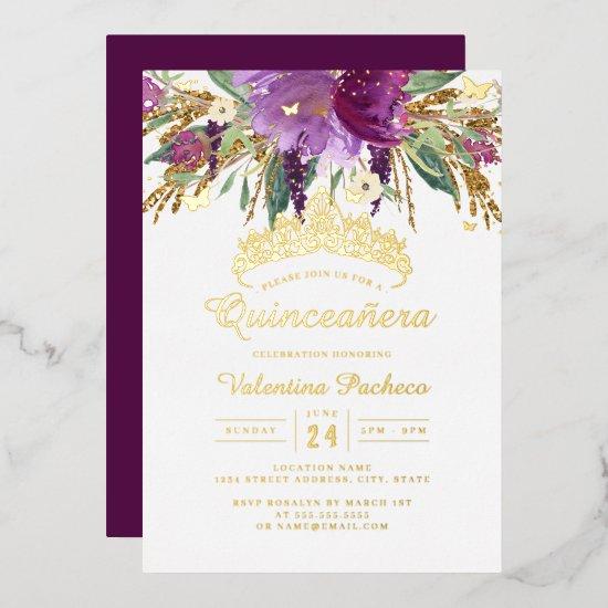 Purple Gold Amethyst Floral Quinceanera  Foil