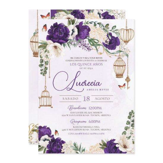 Purple Gold Butterfly Floral Elegant Quinceañera