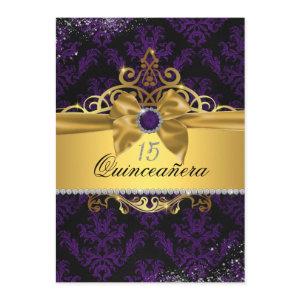 Purple Gold Elegant Damask Quinceanera Invite