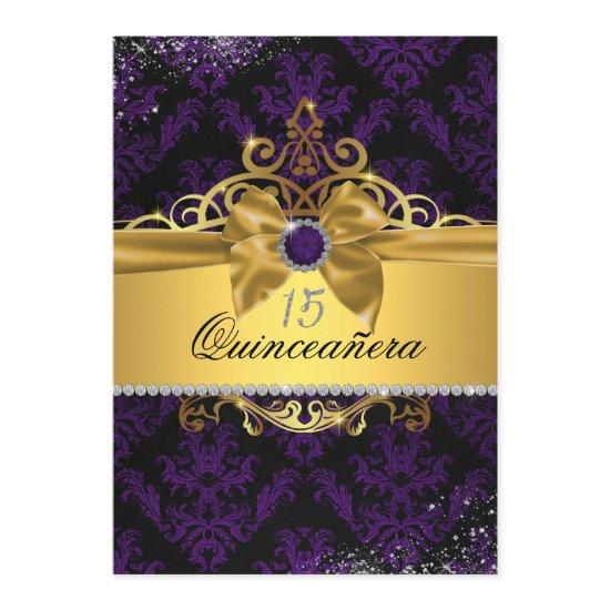 Purple Gold Elegant Damask Quinceanera Invite