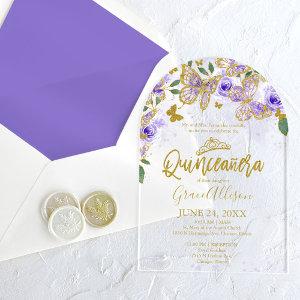 Purple Gold Floral Butterfly Quinceañera  Acrylic