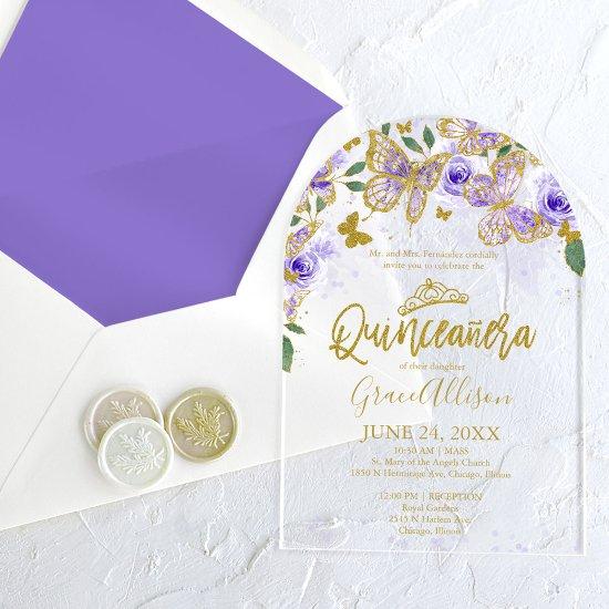 Purple Gold Floral Butterfly Quinceañera  Acrylic