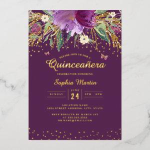 Purple Gold Floral Butterfly Quinceanera  Foil