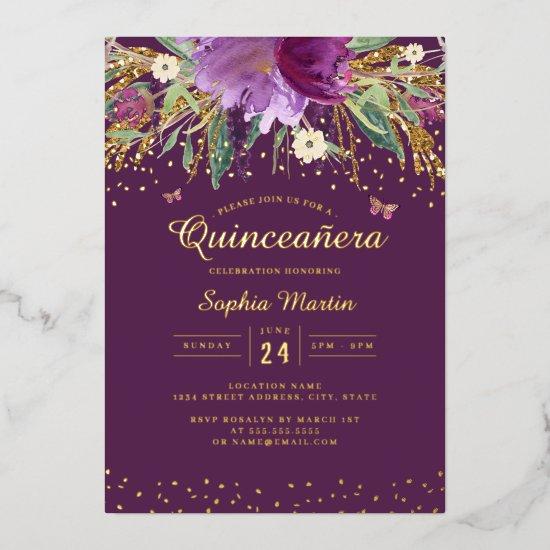 Purple Gold Floral Butterfly Quinceanera  Foil