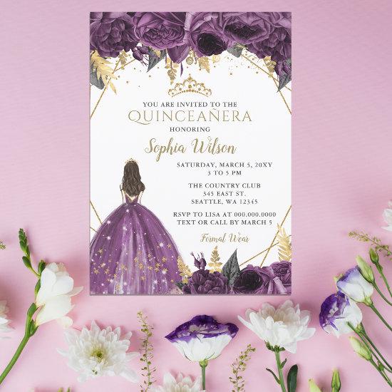 Purple Gold Floral Princess Quinceañera  Invitatio