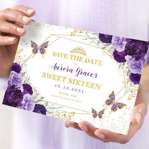 Purple Gold Floral Sweet Sixteen Save the Date Announcement