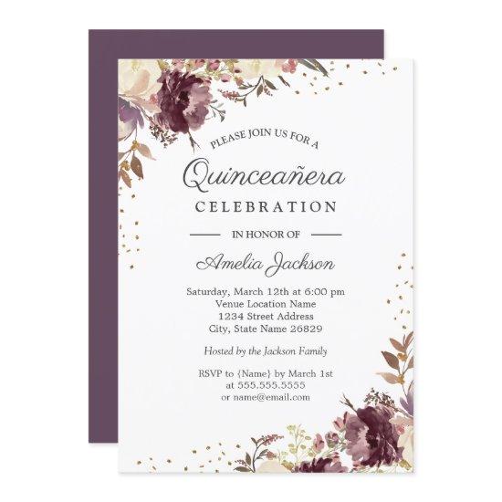 Purple Gold Floral Watercolor Quinceanera Invite