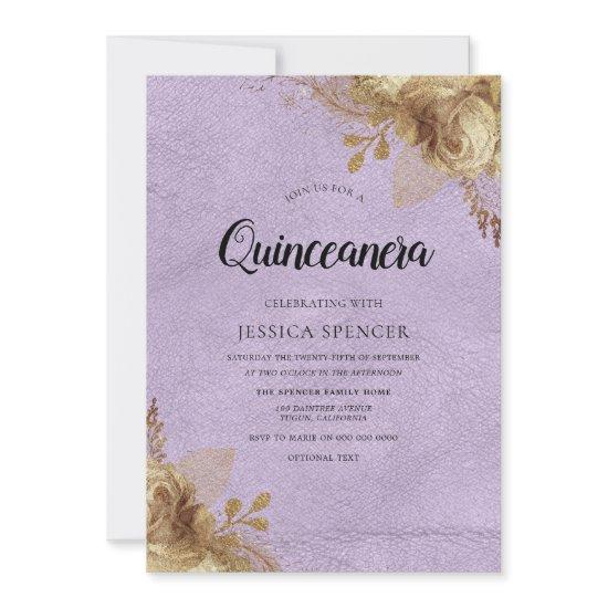 Purple & Gold Flowers Quinceanera Party Invite