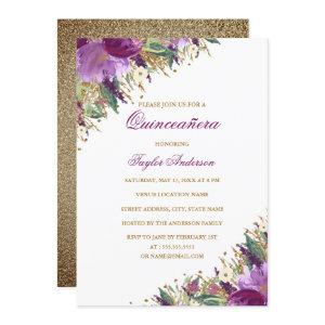 Purple Gold Glitter Amethyst Floral Quinceanera