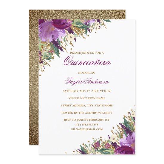 Purple Gold Glitter Amethyst Floral Quinceanera