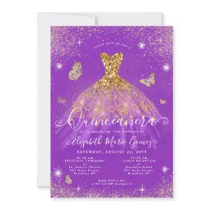 Purple Gold Glitter Butterfly Gown Quinceanera