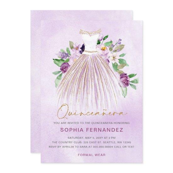 Purple gold glitter Floral Dress Quinceañera
