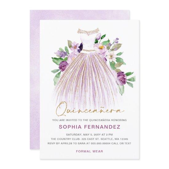 Purple gold glitter Floral Dress Quinceañera