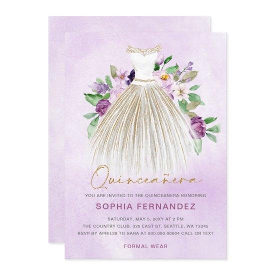 Purple gold glitter Floral Dress Quinceañera