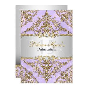 Purple & Gold Pearl Damask Quinceanera Invite