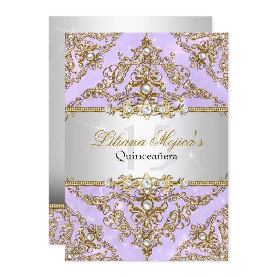 Purple & Gold Pearl Damask Quinceanera Invite