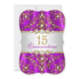 Purple Gold Pearl Damask Quinceanera Invite