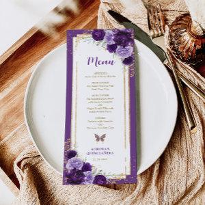 Purple Gold Roses Quinceanera Birthday Menu Card
