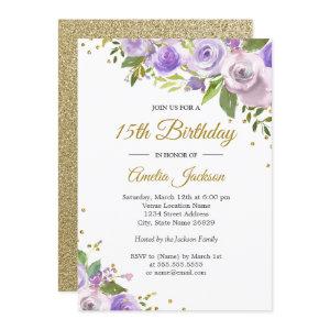 Purple Gold Sparkle Floral 15th Birthday Invite