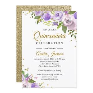 Purple Gold Sparkle Floral Quinceanera Invite
