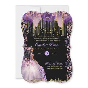 Purple Gold Sparkle Quinceanera Dress Floral Roses
