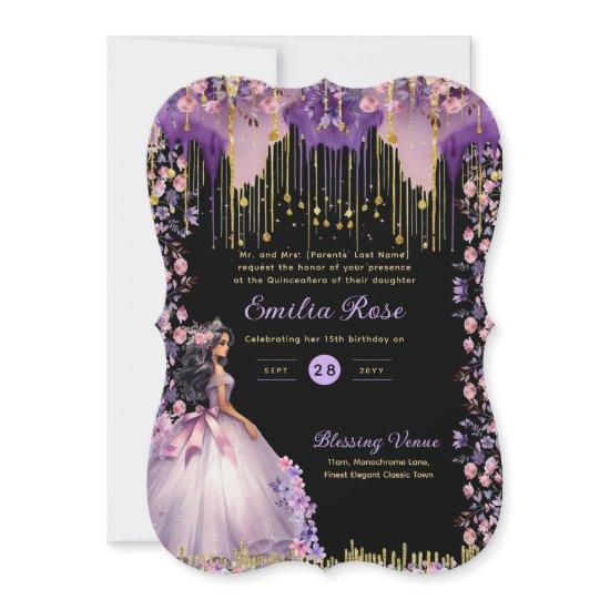 Purple Gold Sparkle Quinceanera Dress Floral Roses