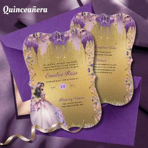 Purple Gold Sparkle Quinceanera Dress Floral Roses