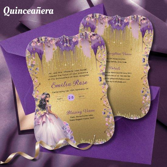 Purple Gold Sparkle Quinceanera Dress Floral Roses