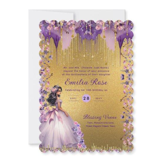 Purple Gold Sparkle Quinceanera Dress Floral Roses