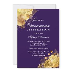 Purple & Golden Flowers Quinceanera Party Invite