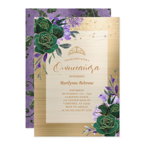 Purple Green Gold Floral Quinceañera