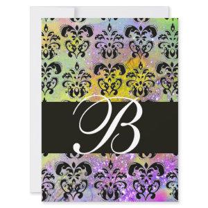 PURPLE GREEN YELLOW BLACK  DAMASK MONOGRAM , white