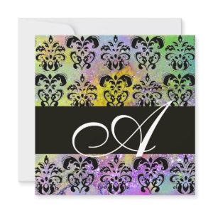 PURPLE GREEN YELLOW BLACK  DAMASK MONOGRAM , white