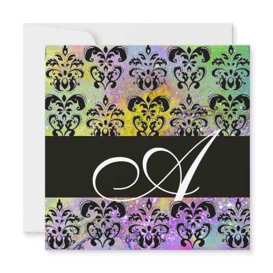 PURPLE GREEN YELLOW BLACK  DAMASK MONOGRAM , white
