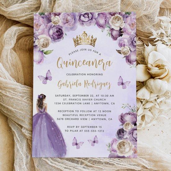 Purple Ivory Gold Floral Watercolor Quinceañera