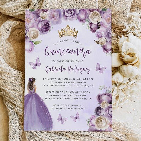 Purple Ivory Gold Floral Watercolor Quinceañera