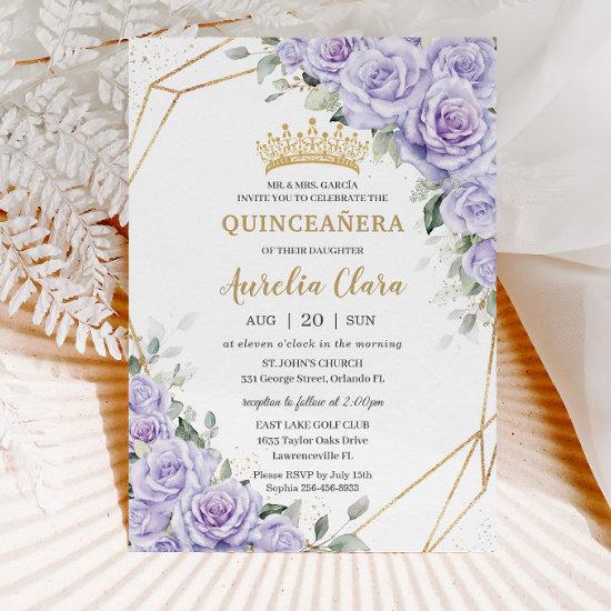 Purple Lavender Floral Flowers Gold Quinceañera