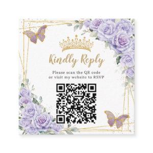 Purple Lavender Floral Gold Quinceañera QR Code Enclosure Card