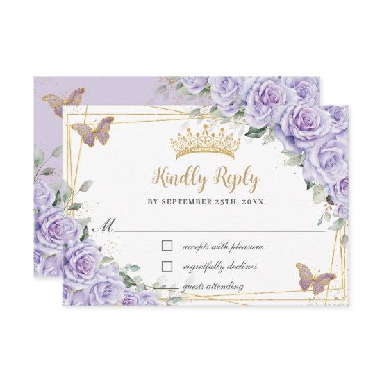 Purple Lavender Floral Quinceañera Butterflies RSVP Card