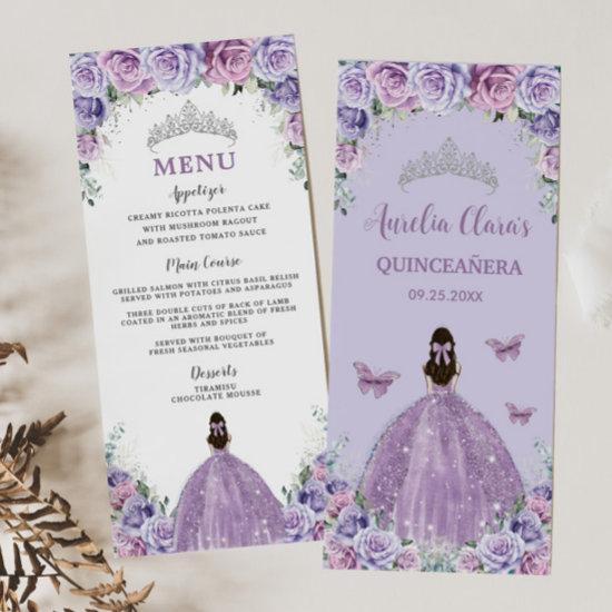 Purple Lavender Lilac Rose Floral Quinceañera Menu