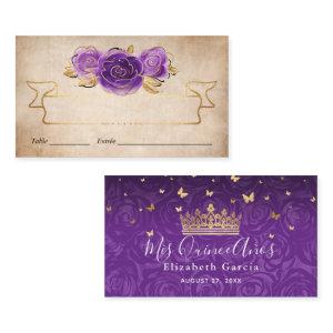 Purple Lavender Roses Gold Crown Elegant Escort Place Card