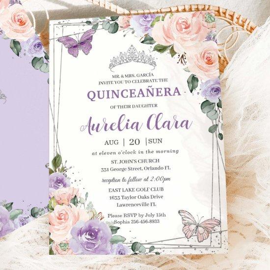 Purple Lilac Blush Floral Silver Quinceañera XV 16