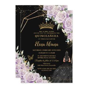 Purple Lilac Floral Black Dress Gold Quinceañera