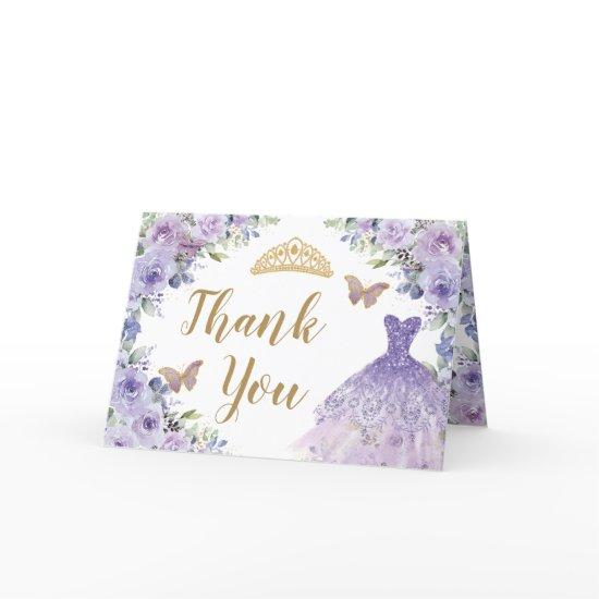 Purple Lilac Floral Dress Quinceanera Sweet 16 Thank You Card