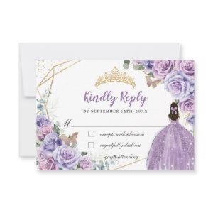 Purple Lilac Floral Girl Dress Quinceañera Reply RSVP Card