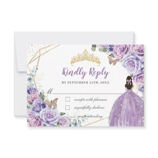 Purple Lilac Floral Girl Dress Quinceañera Reply RSVP Card