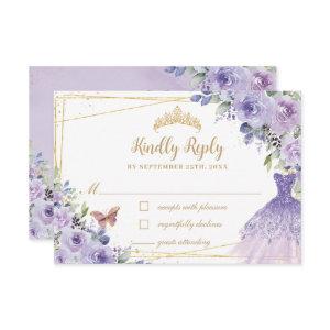 Purple Lilac Floral Gold Quinceañera Dress Gown RSVP Card